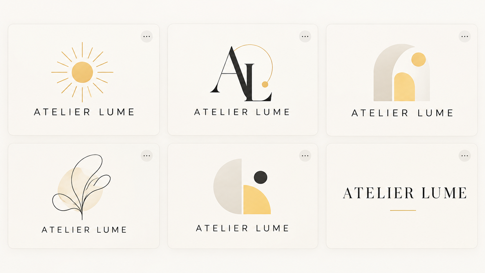 Six propositions de logos générées par IA pour l’entreprise fictive Atelier Lume